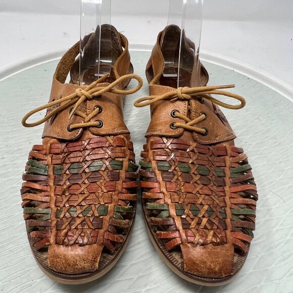 Leather Craft By Premiere Collection Size 10 Leather Woven Lace Up Sandals Brown - Picture 3 of 8